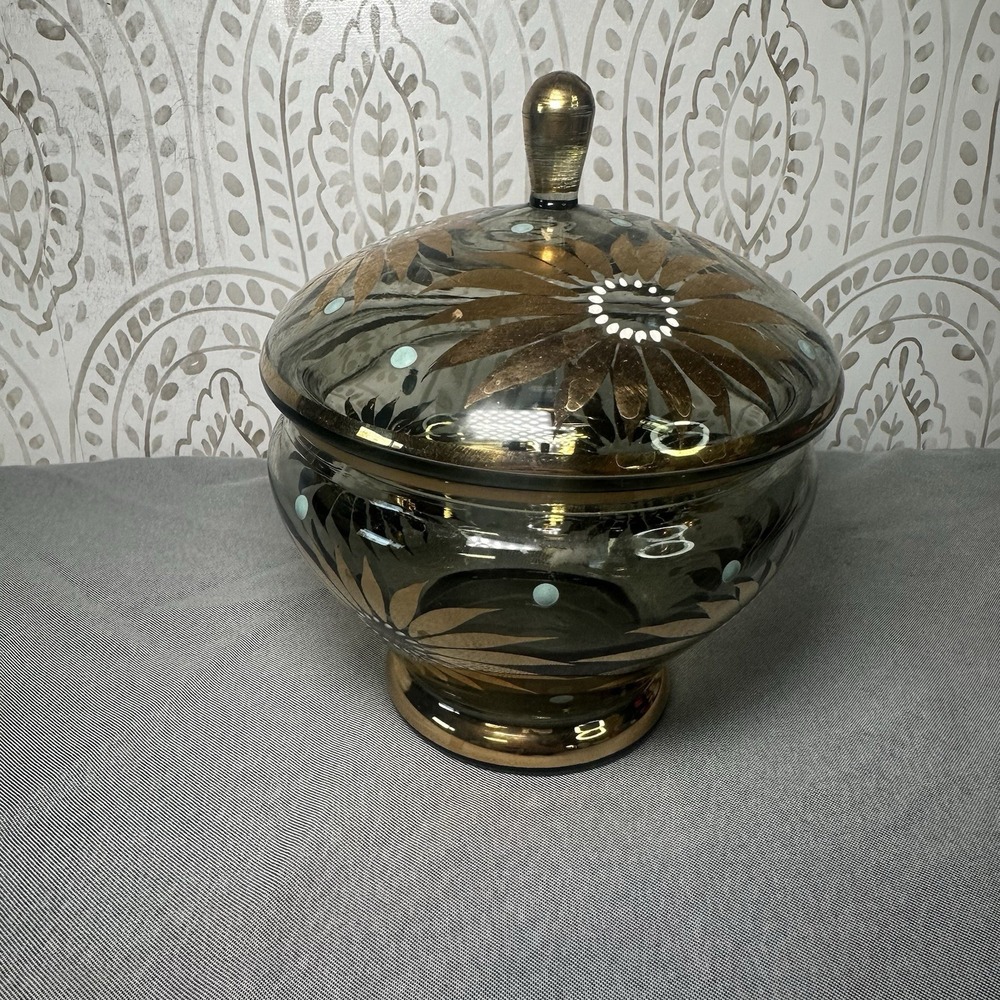 Vintage Bohemian Czech Iridescent Glass Covered Candy Dish Gold Flowers‎